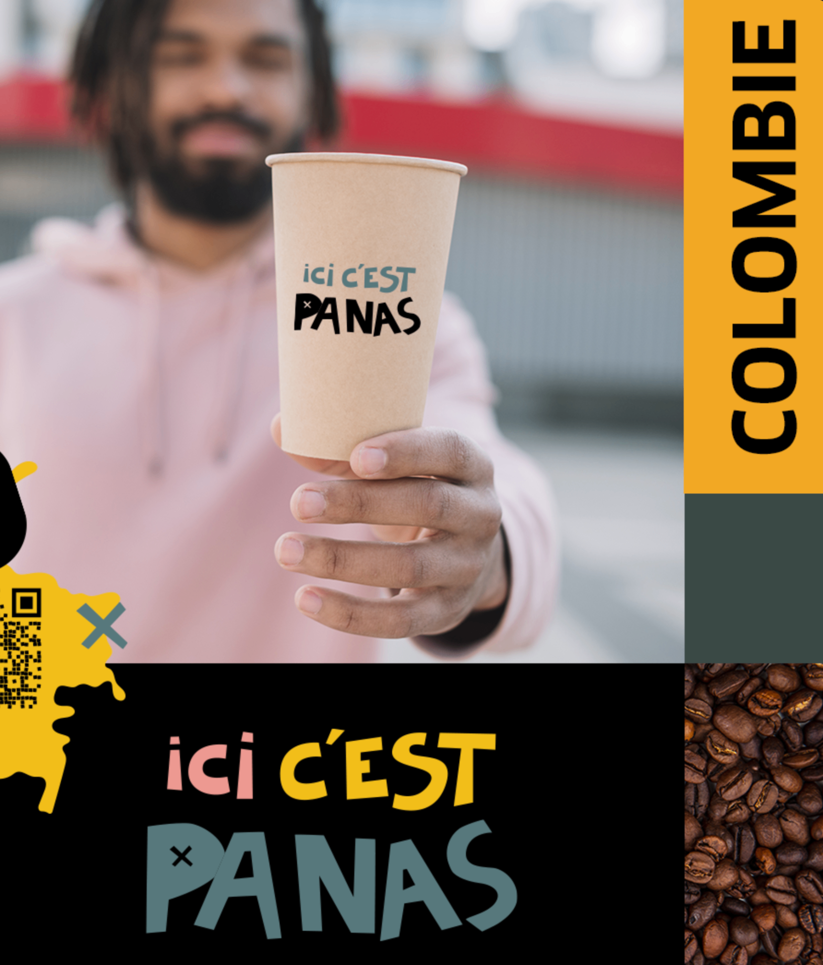 Identité et packaging Panas Terroir Coffee — sachet 200g et gobelets colorés.