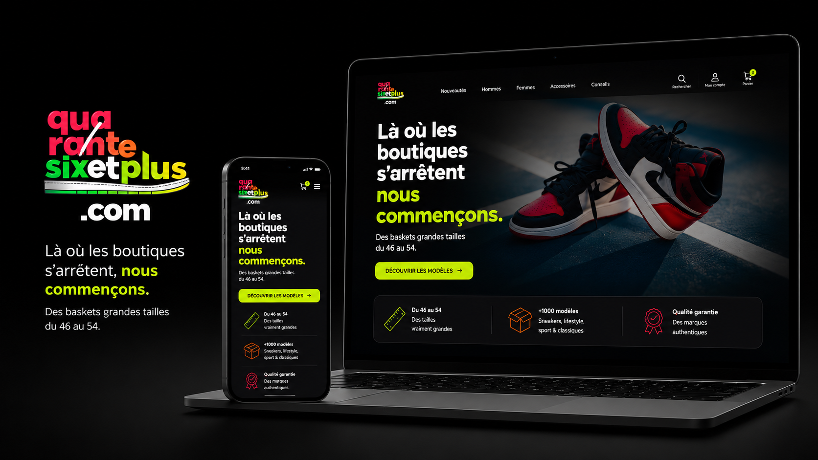 Identité et site e-commerce quarantesixetplus.com — baskets grandes tailles du 46 au 54.